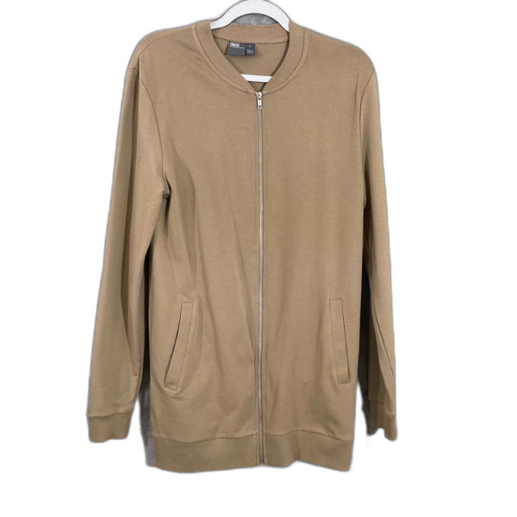ASOS Long Full Zip Cotton Boyfriend Cardigan women’s M Tan V-Neck Pockets - Picture 1 of 11
